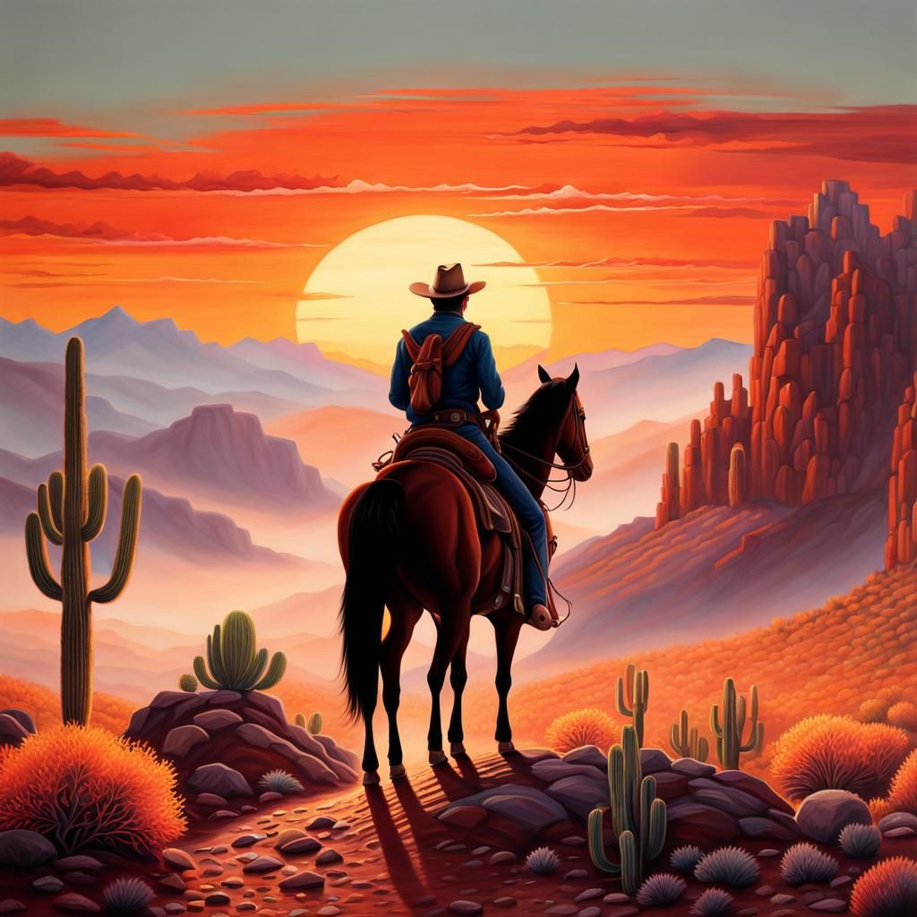 Cowboy Rides into Sunset: A Pastel Painting