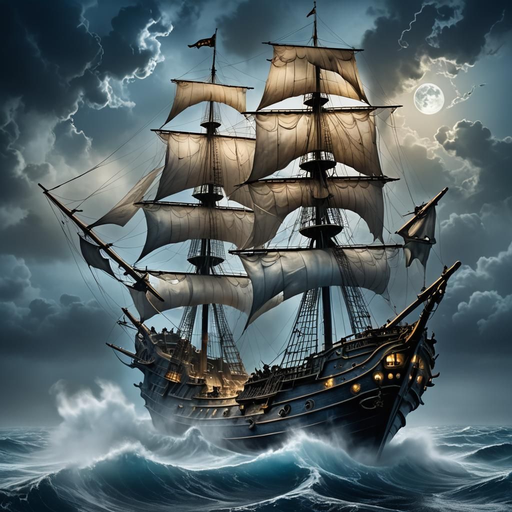 Ghostly Pirate Ship Sails in Surreal Storm