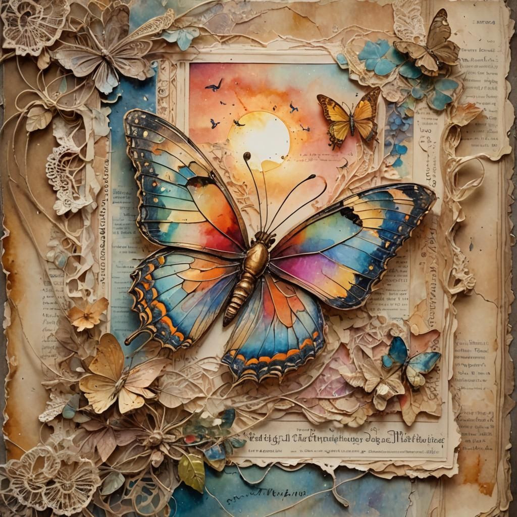 Watercolor Butterfly Sunset on Antique Paper