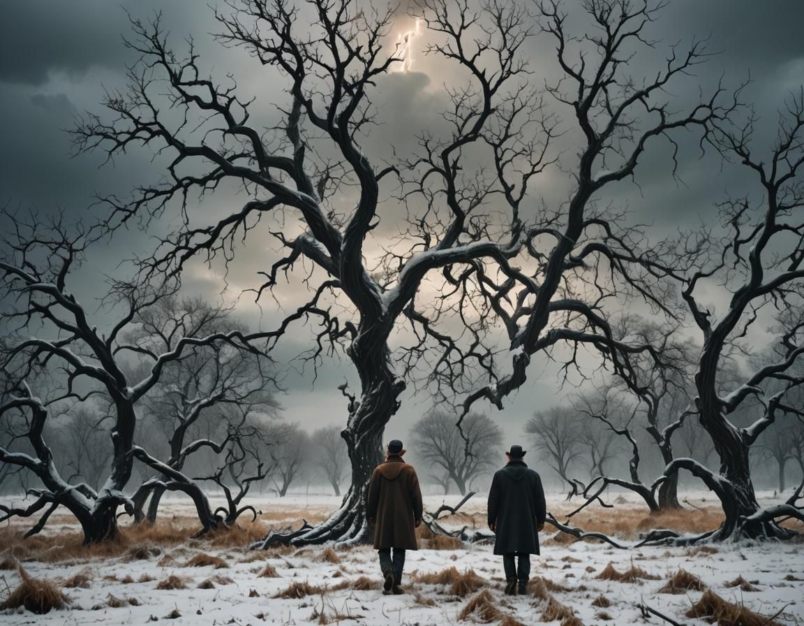 Eerie Gothic Landscape with Autumn Storm and Farmer