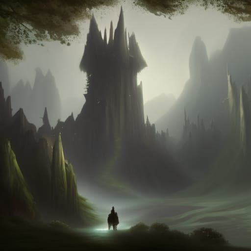 Dark Fantasy Landscape with Ruined Tower, Digital Art