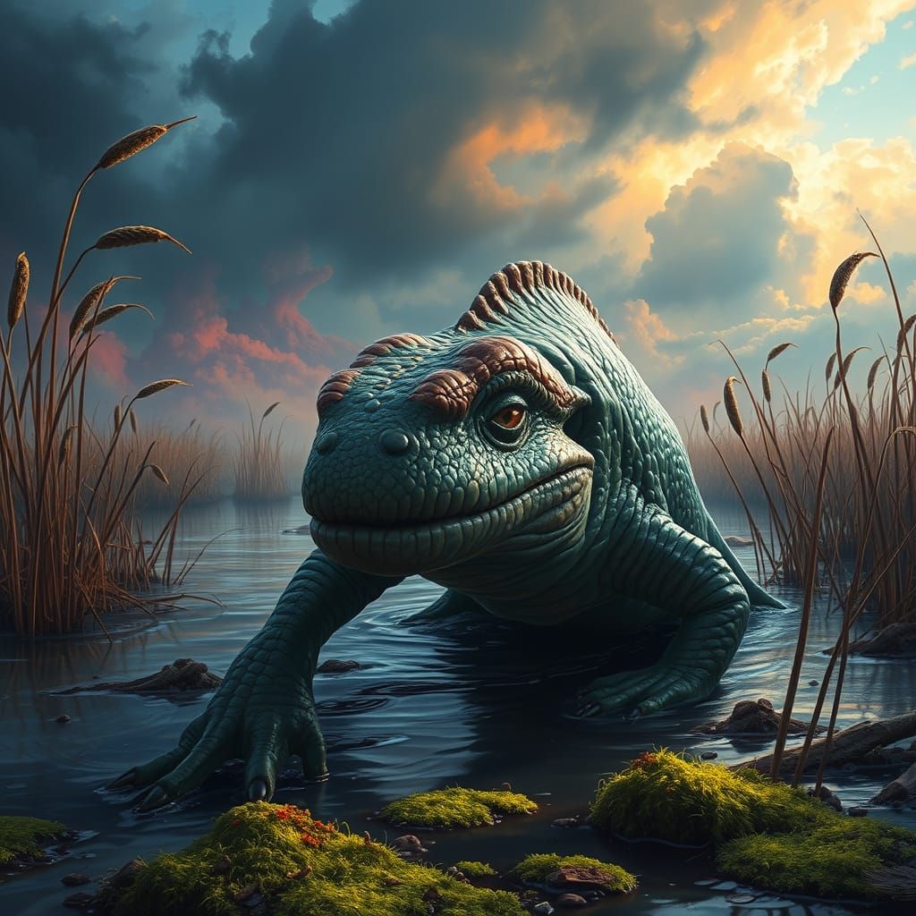 Ichthyostega Emerges from Swamp: Hyperrealistic Rendering