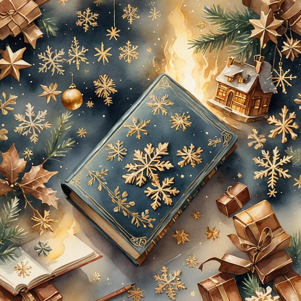 Vintage Christmas Book in Watercolor with Snowflakes