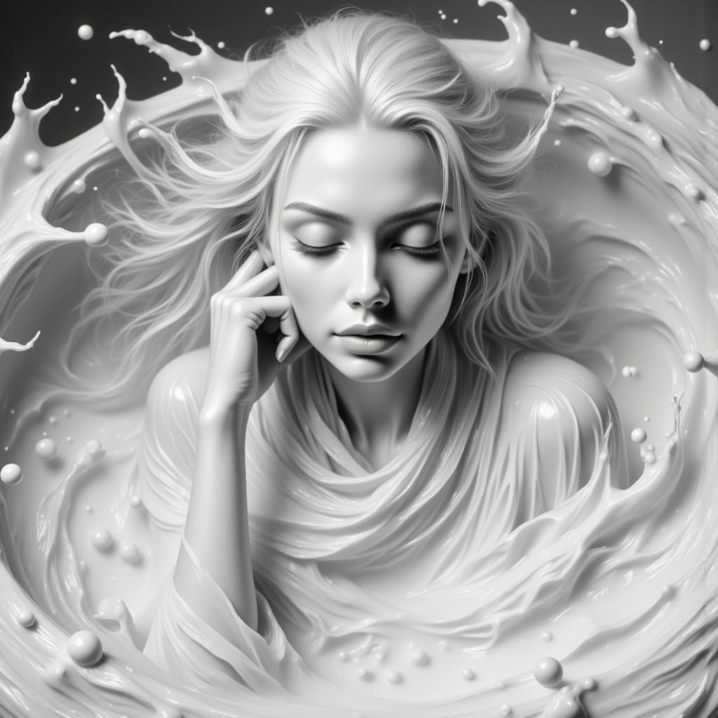 Surreal Dissolution: Woman in Milk, Dreamy Monochromatic Art