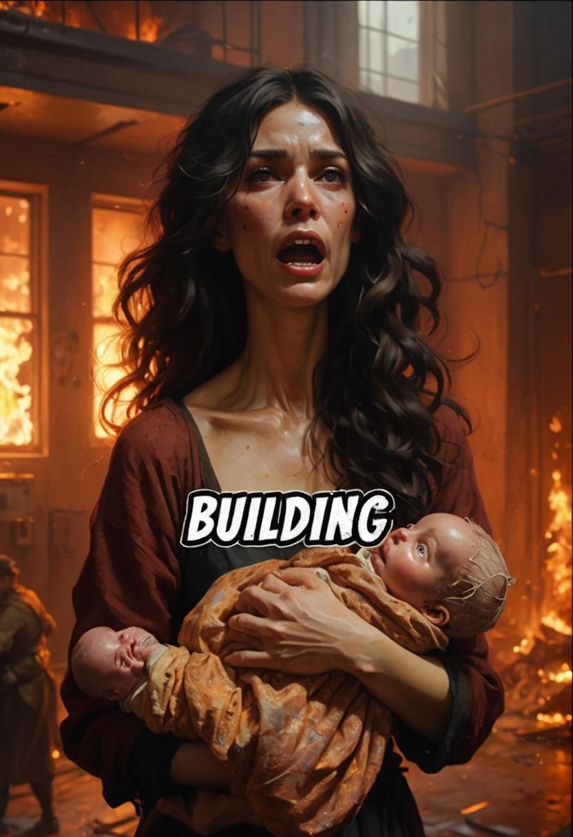 Woman and Child in Burning Room, Digital Art