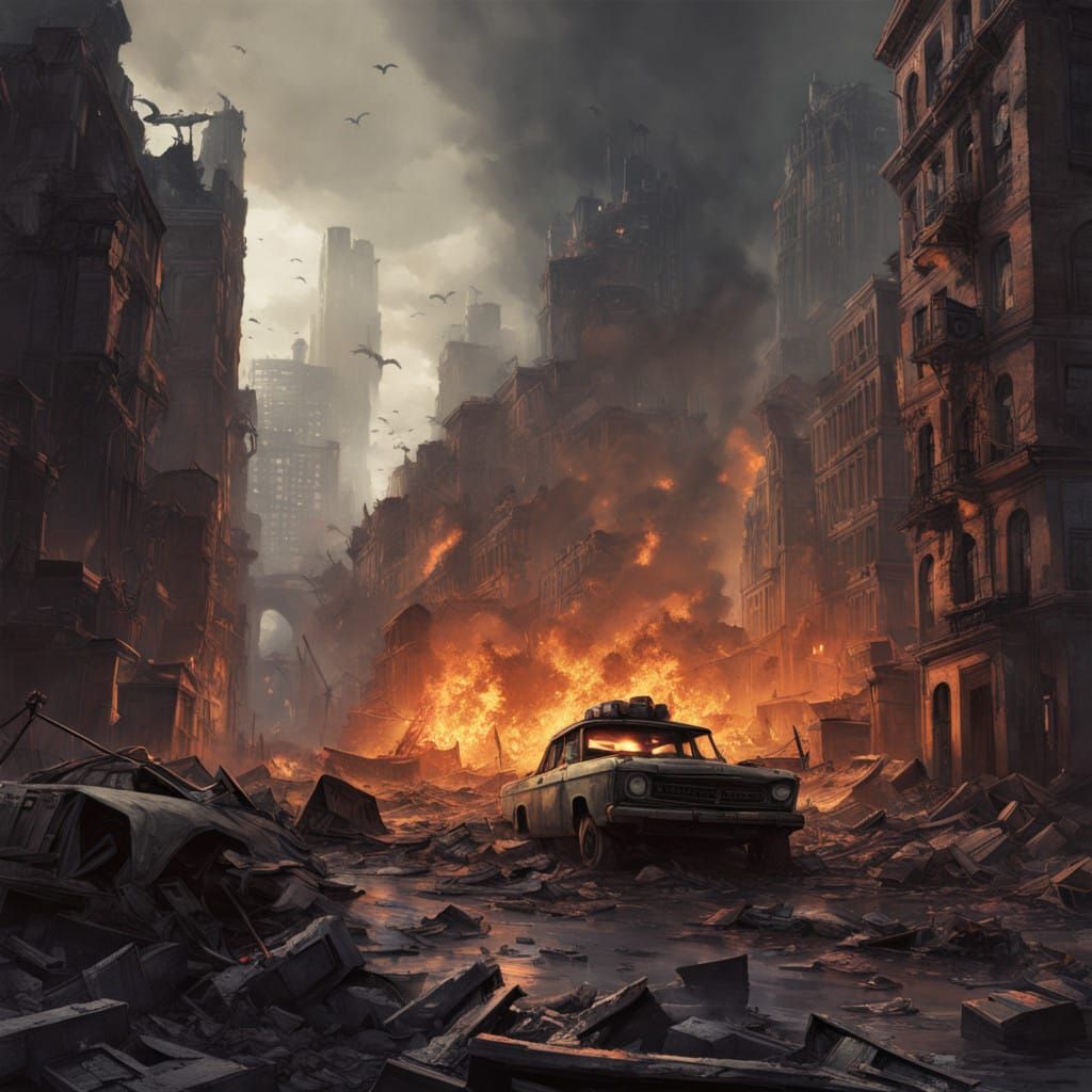 Dystopian Post-Apocalyptic Cityscape in Monochromatic High-C...