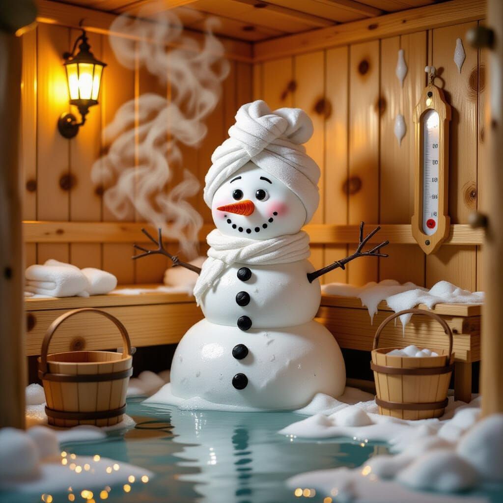 Melting Snowman's Surreal Sauna Dream