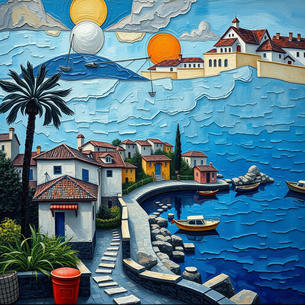 Blue Seaside Village: Nostalgic Impasto Oil Painting