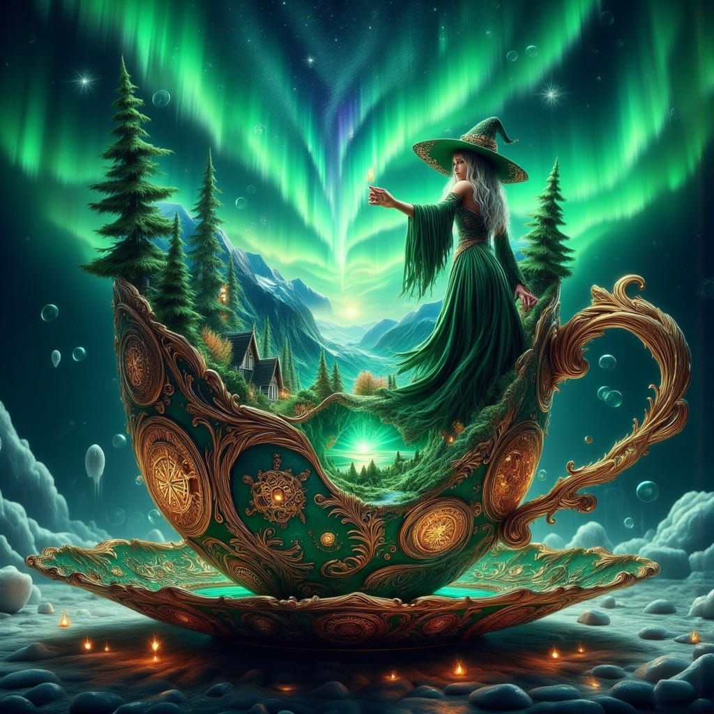 Witch Pours Luminous Potion in Celestial Teacup