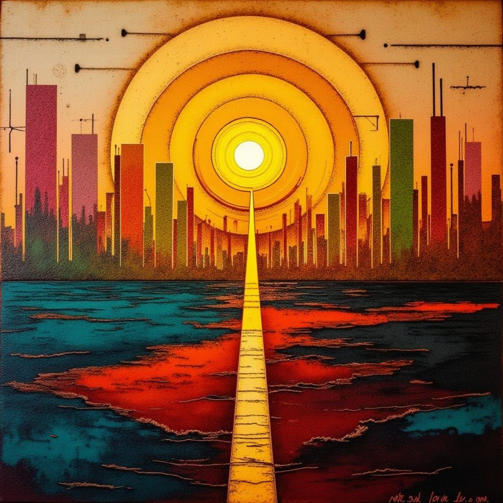 Kintsugi Mosaic Cityscape at Sunset with Sacred Geometry