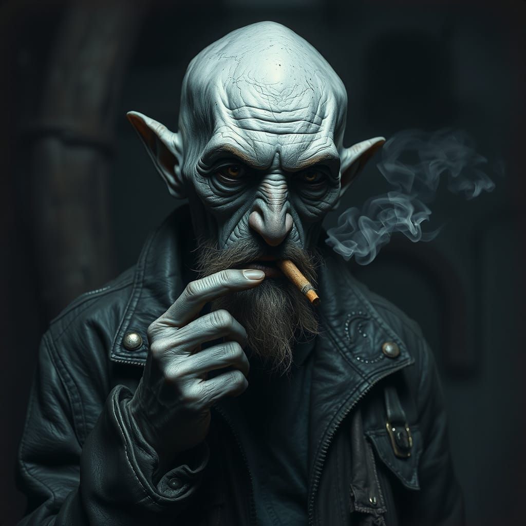 Grey Alien Old Man Smoking Spliff in Dark Fantasy Style