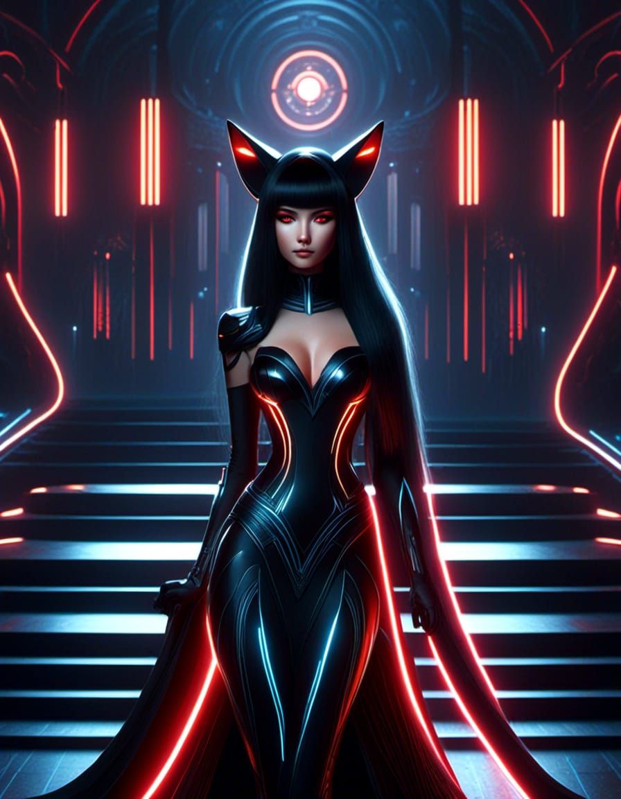 TRON inspired Beautiful Fox Girl, Long Black Hair, Red Eyes,...