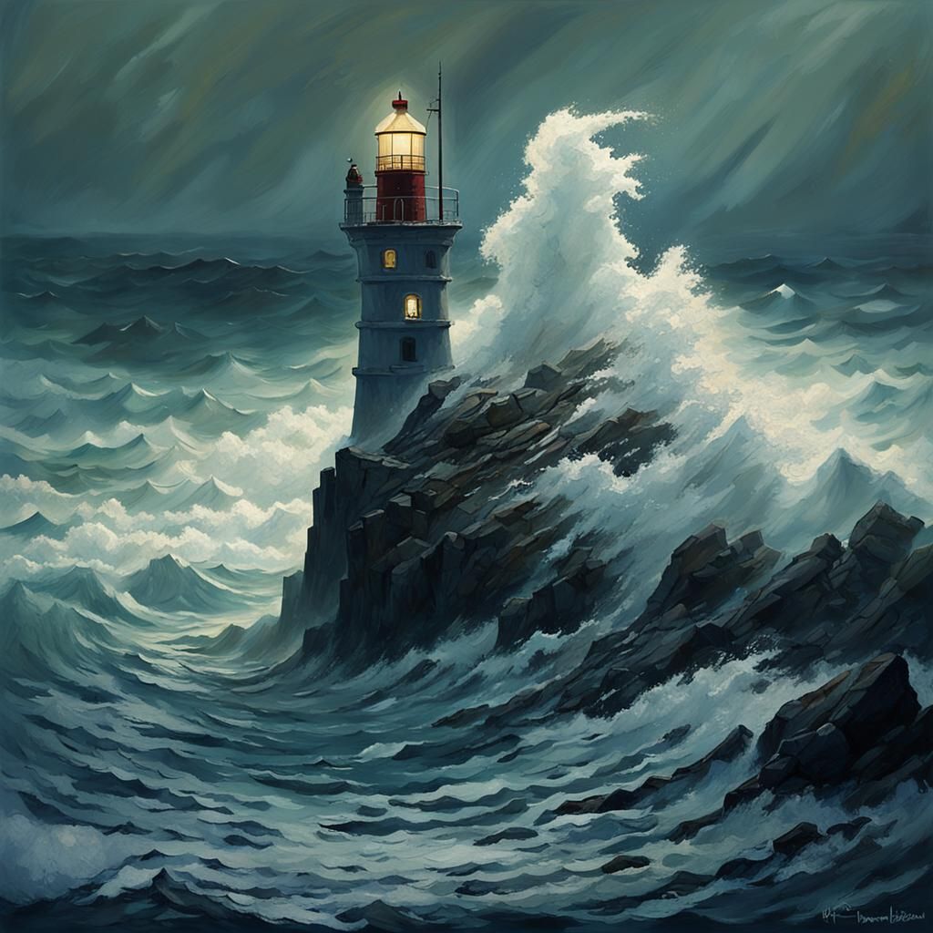 Lighthouse and Pirate Ship in Stormy Seas
