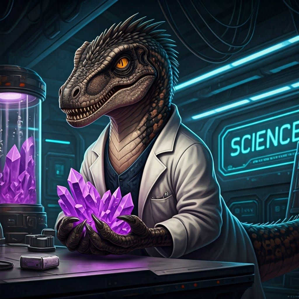 Velociraptor in Lab Coat Holding Purple Crystals