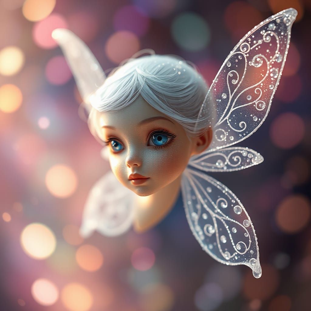 Full body, Small highly detailed incorporeal fairy made of silvery light, Bokeh pollen specs multicolored magic particle...