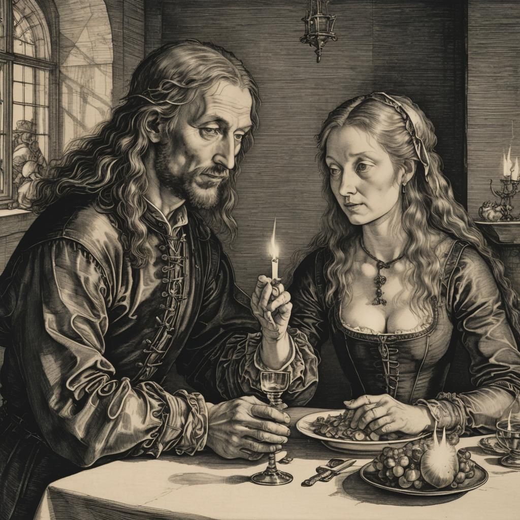 Romantic Dinner Scene in Albrecht Dürer Style