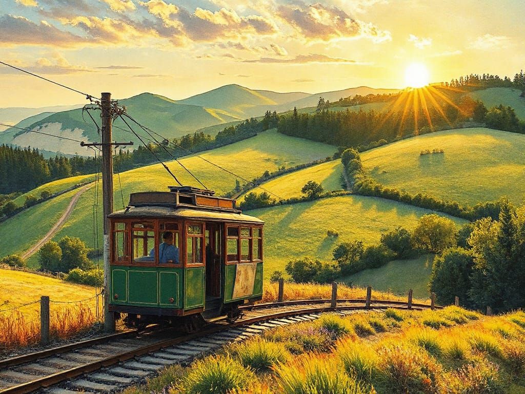 Tram Journey Through Sunny Countryside: Watercolor Illustrat...