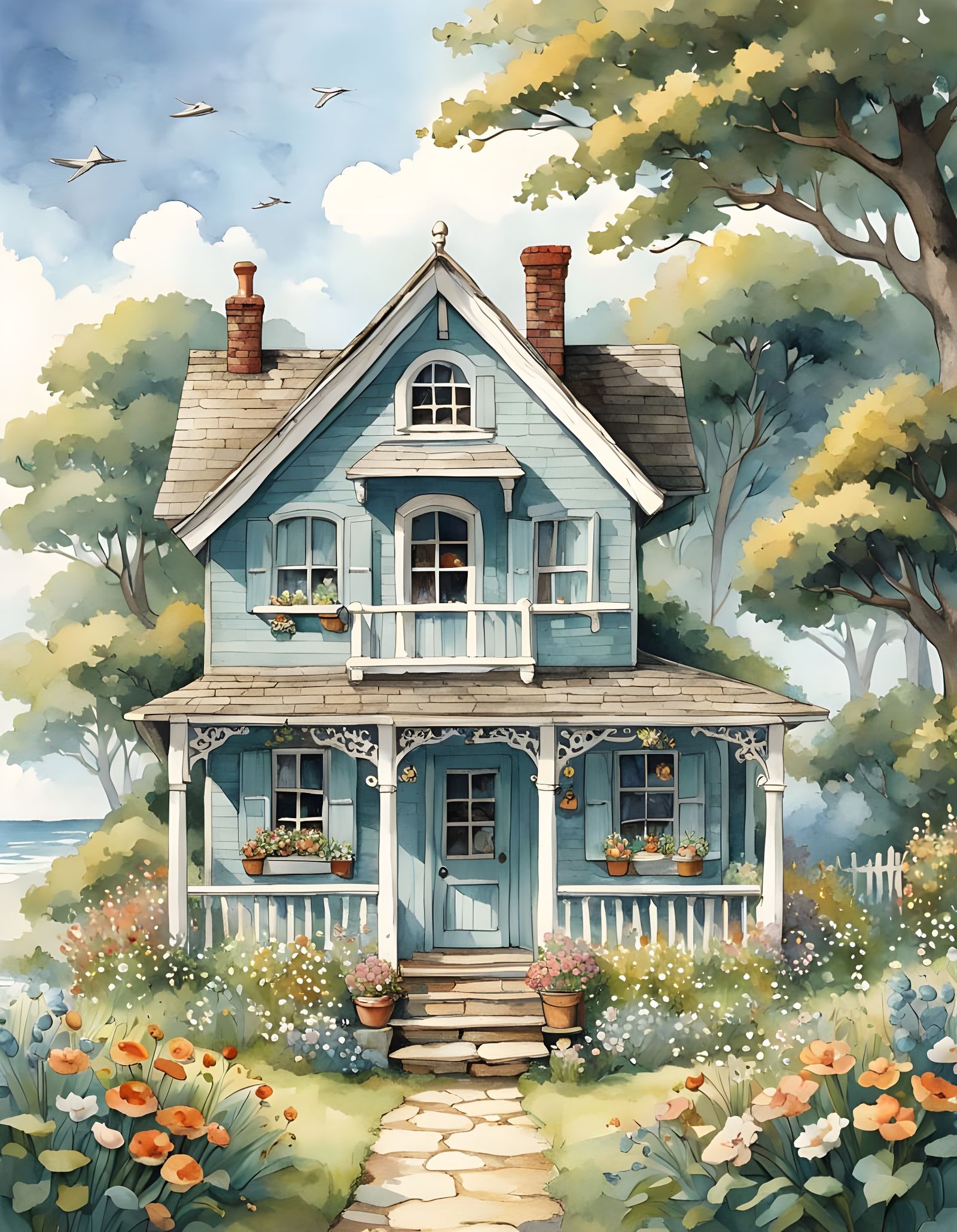 Whimsical Tiny Beach Cottage in Watercolor