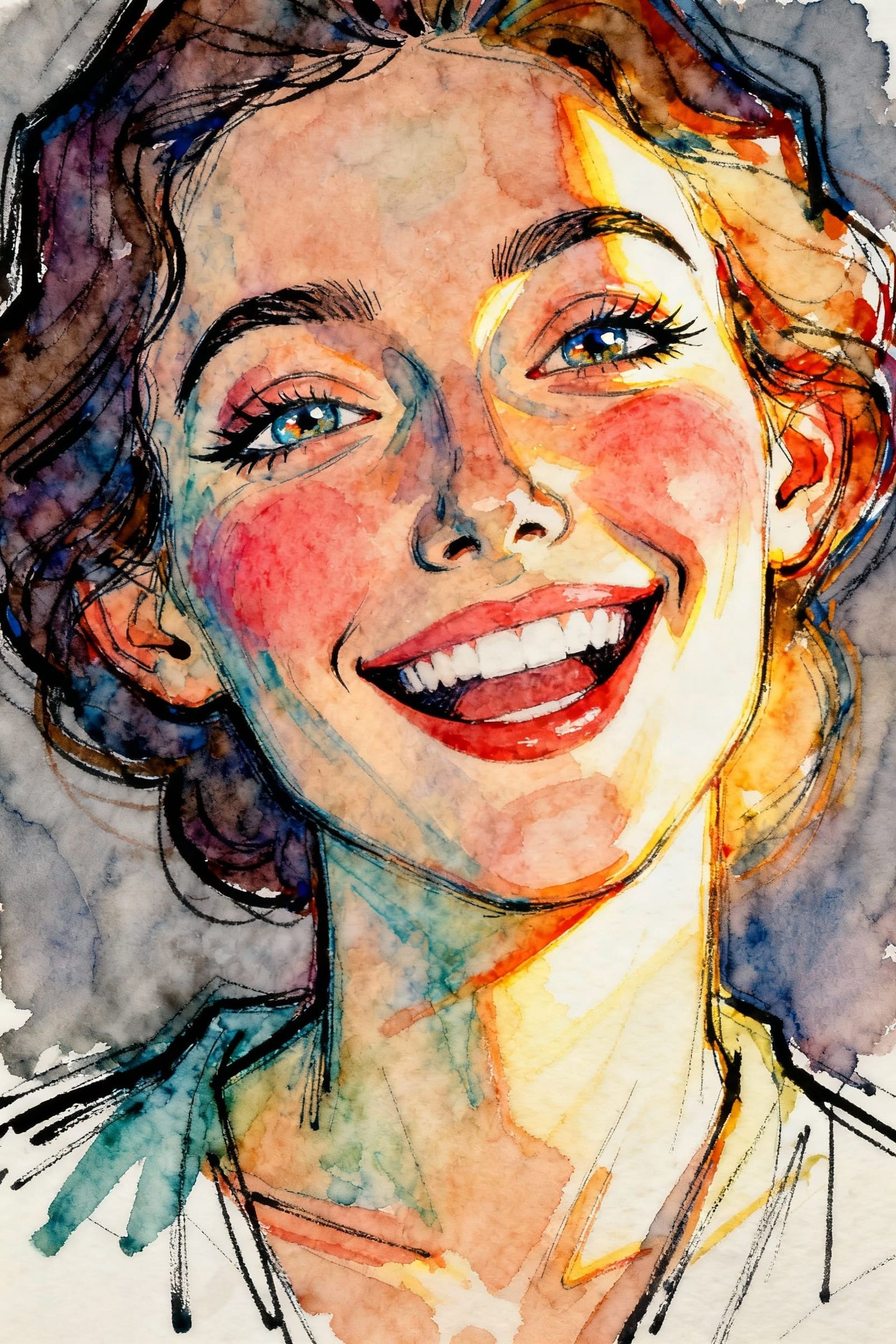 Joyful Woman in Expressive Colored Sketch Painting