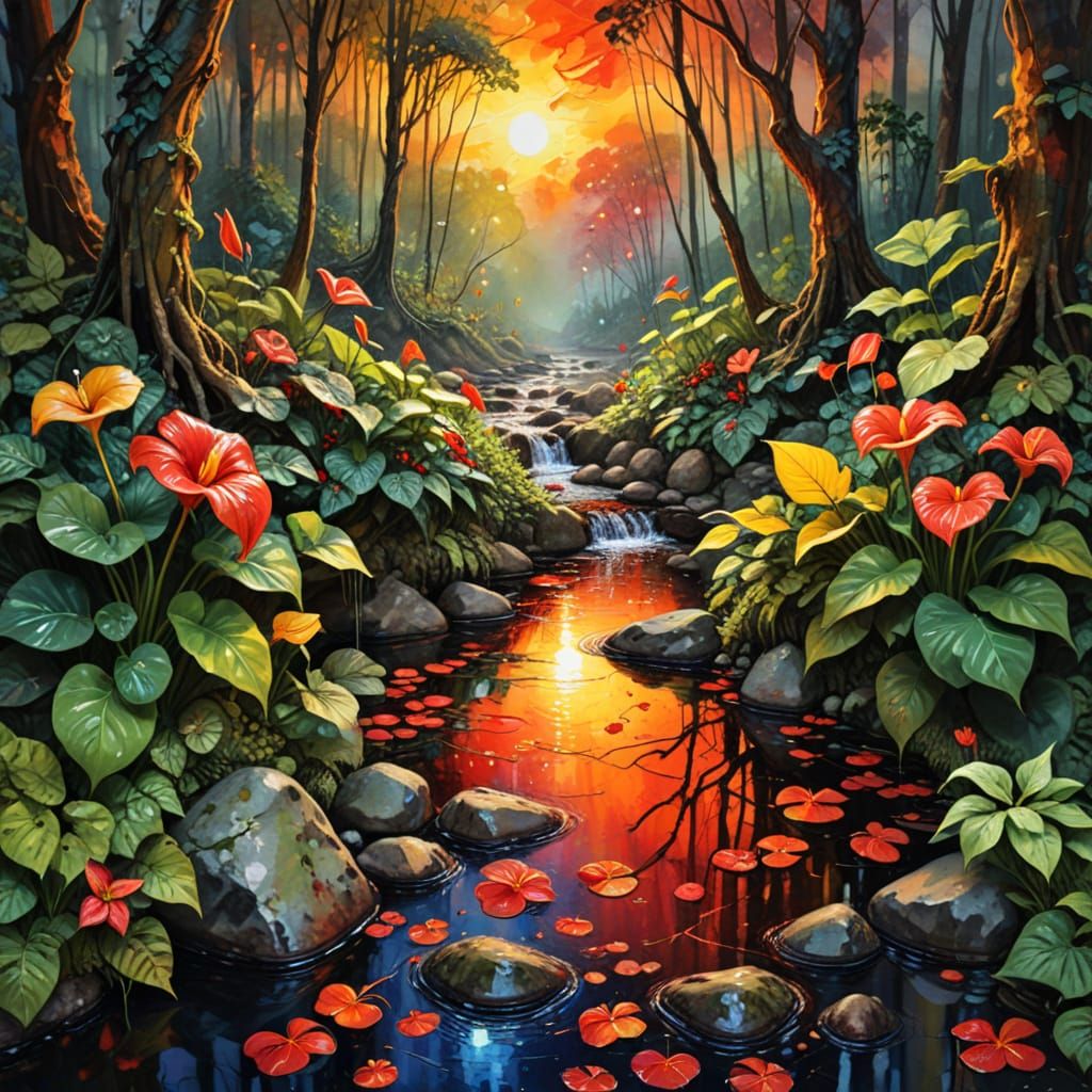 Jungle Stream with Anthuriums in Abstract Expressionism