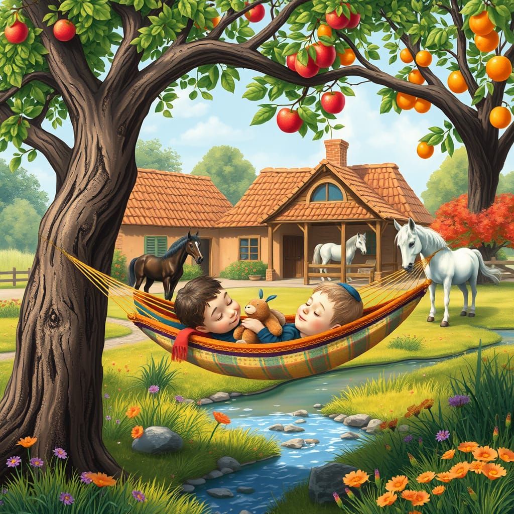 Peaceful Rural Scene with Hammock and Horses