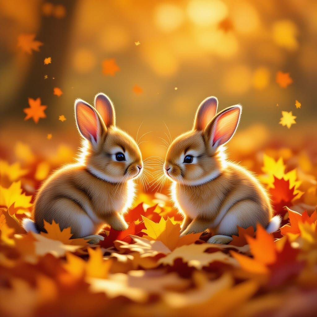 Two Fluffy Bunnies Play in Golden Hour Autumn Leaves