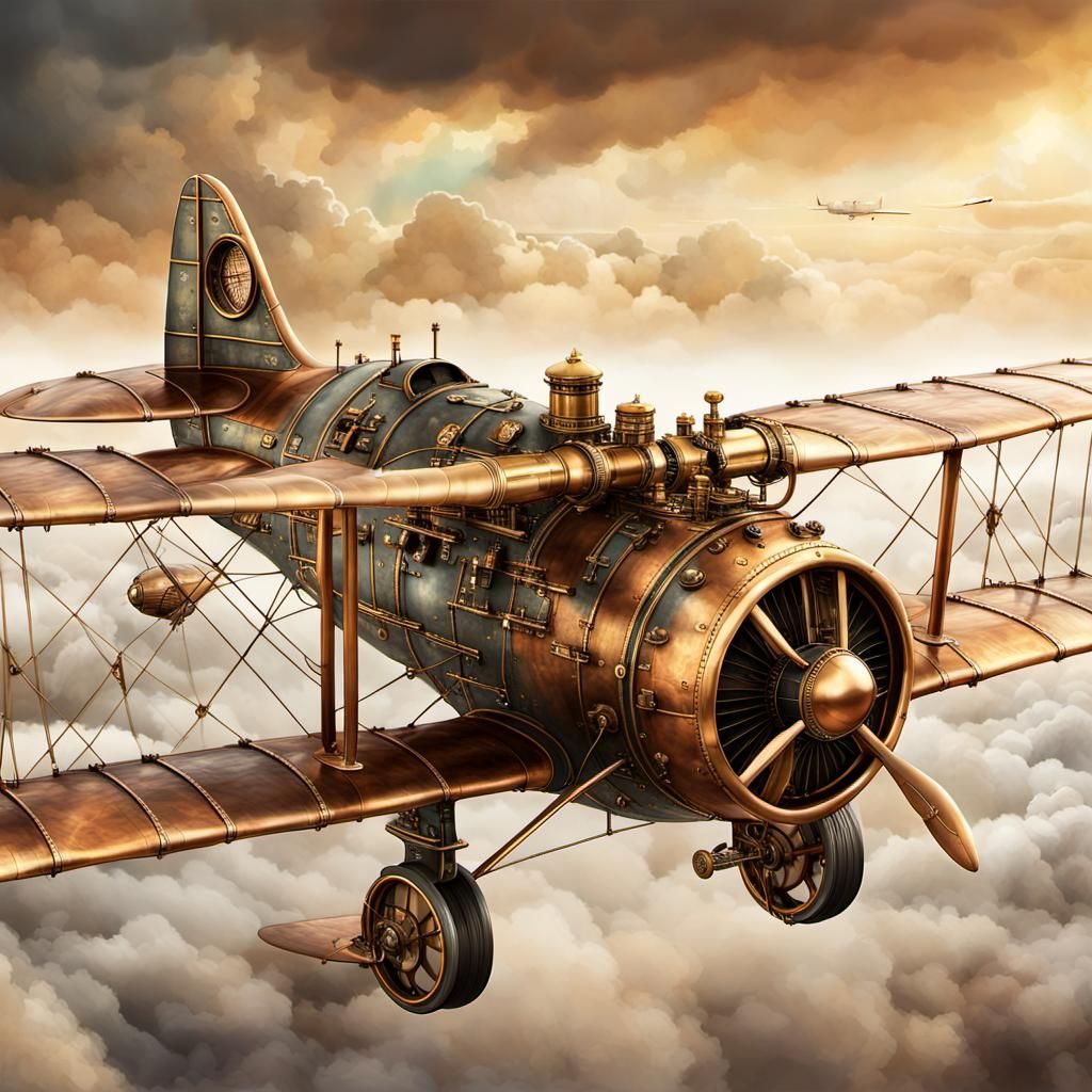 Steampunk Hydrogen Airplane Soaring in Misty Sky