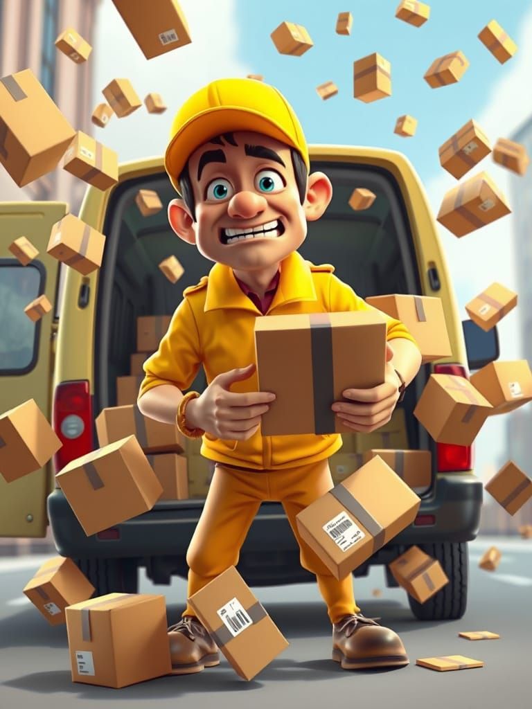 Frantic Delivery Driver in 3D Cartoon Style