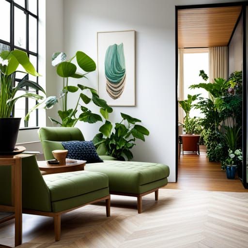 Light-Filled Room with Indoor Plants and Abstract Art