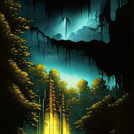 Bayou Totem Pole Under Golden Moon, Bold Illustration