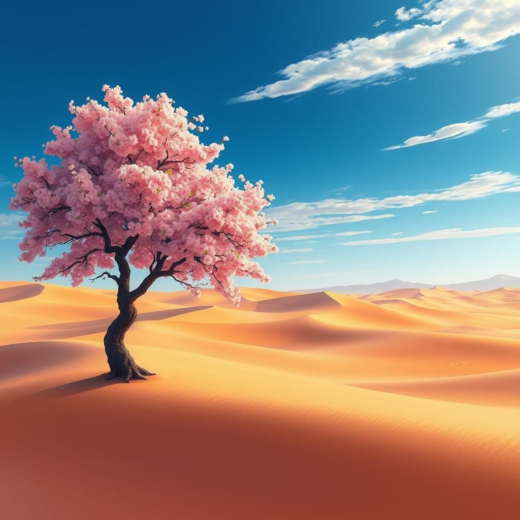 Cherry Blossom Oasis in Desert, Anime Style