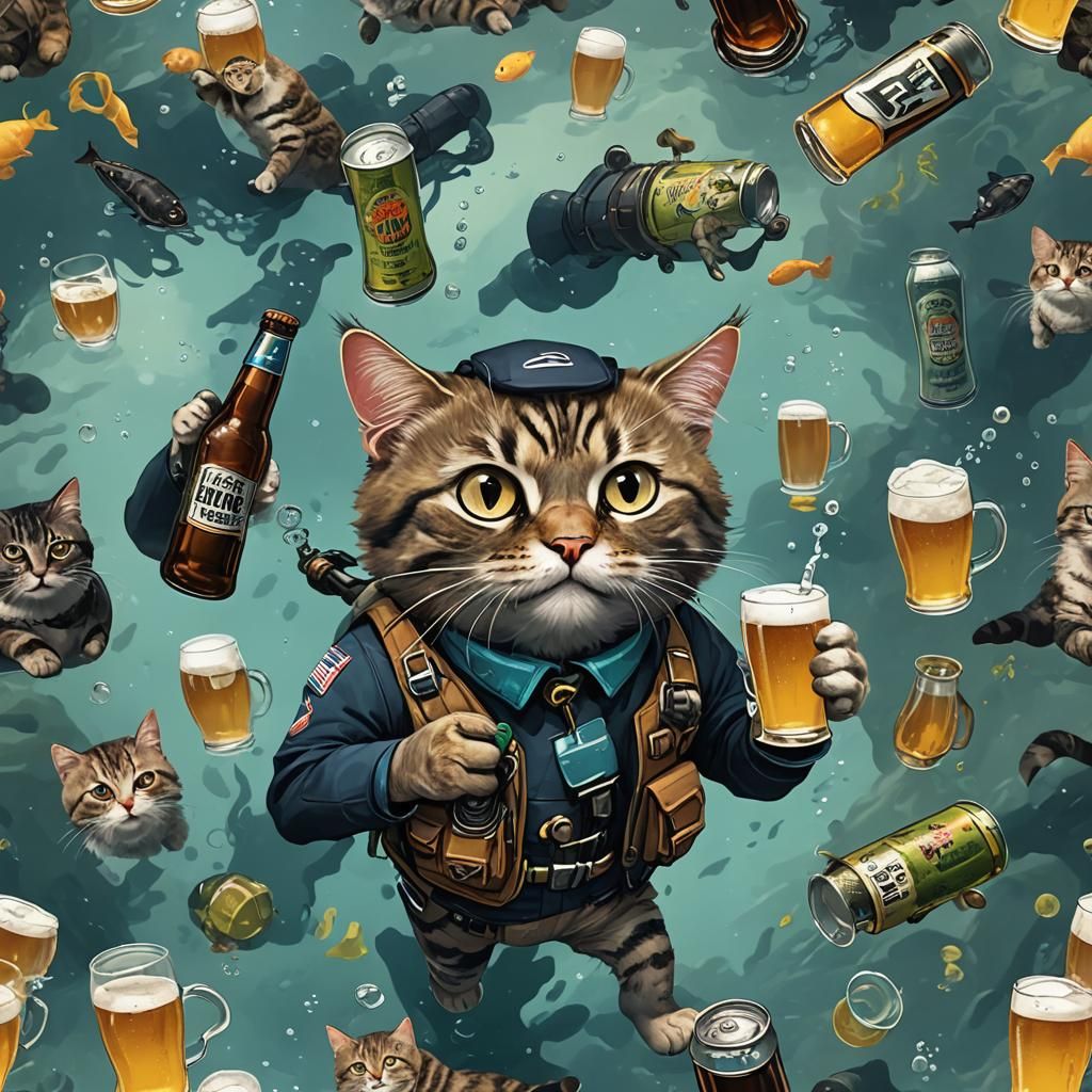 Hunter Cat Underwater Drinking Beer