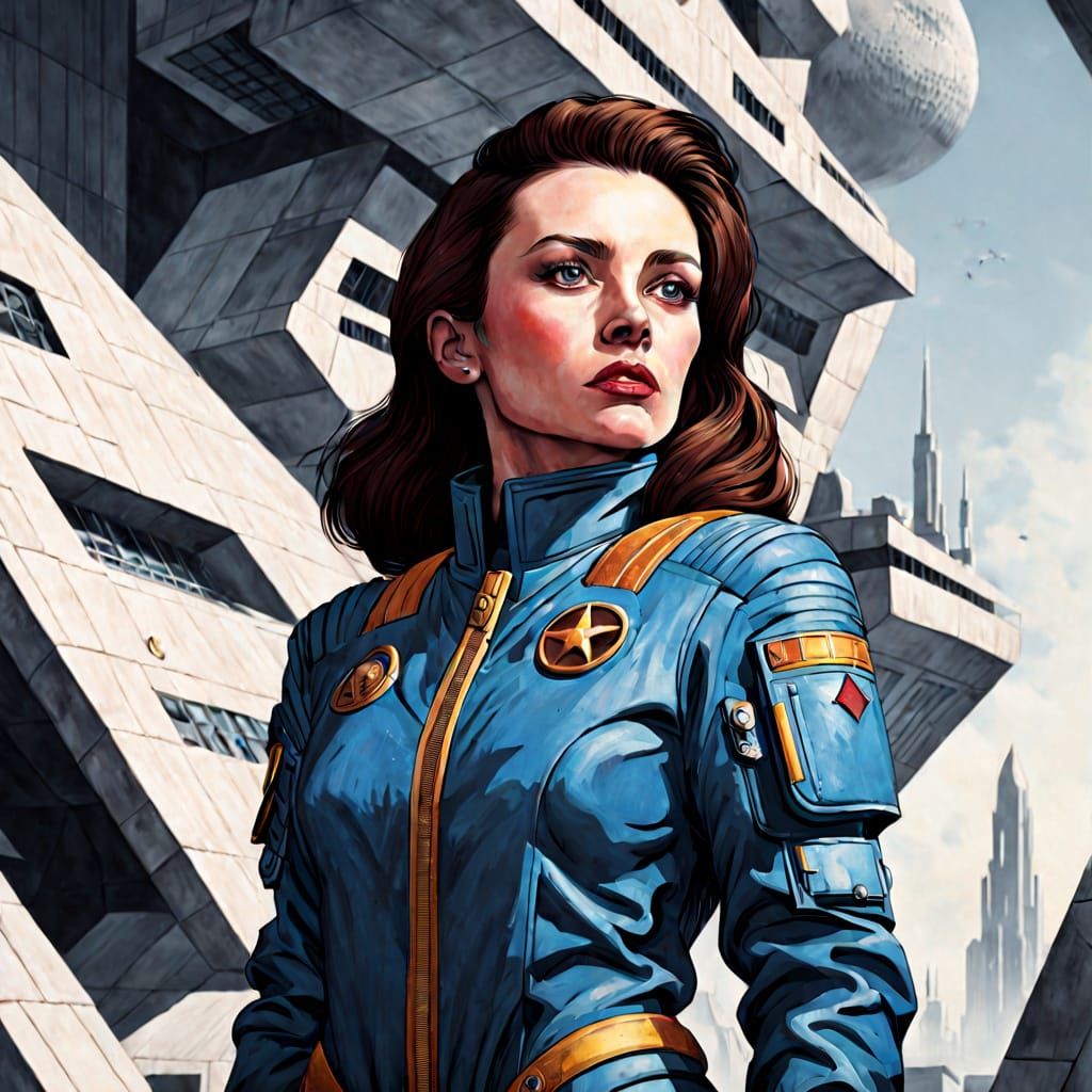 Female Space Commander in Monolithic Brutalism Style