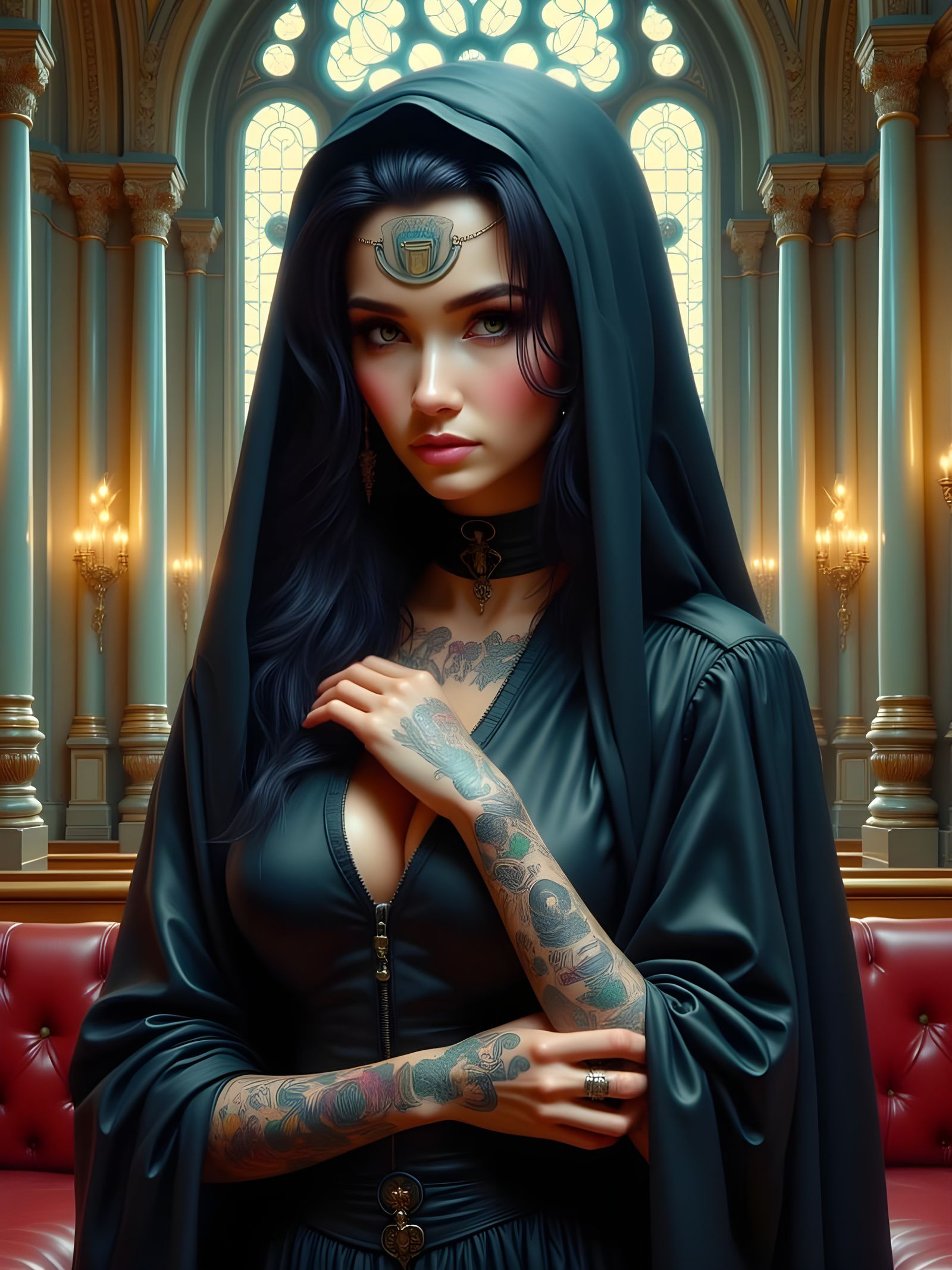 Realistic Anime Nun with Intricate Tattoos in a Fantastical ...