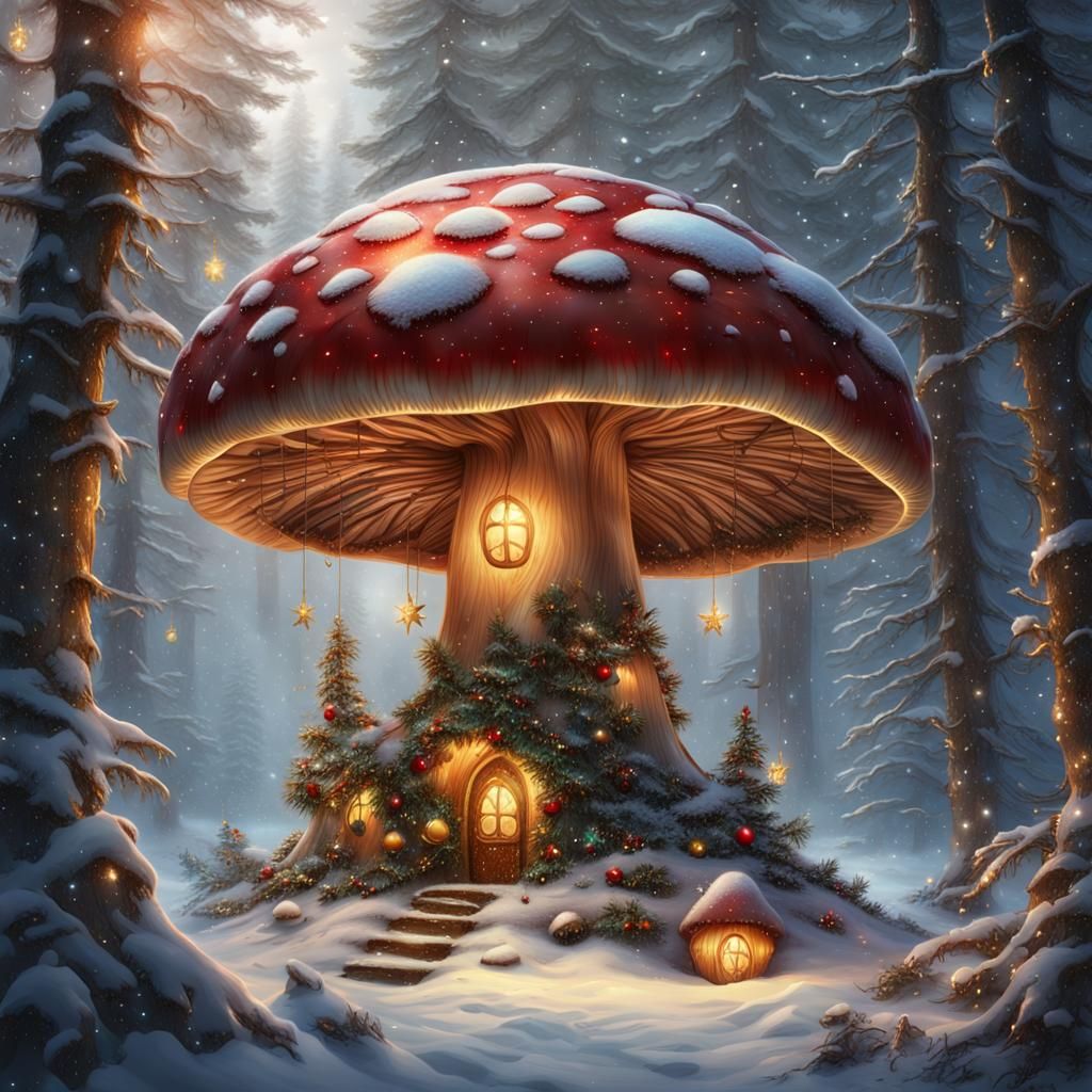 Christmas Mushroom in Snowy Forest, Digital Painting