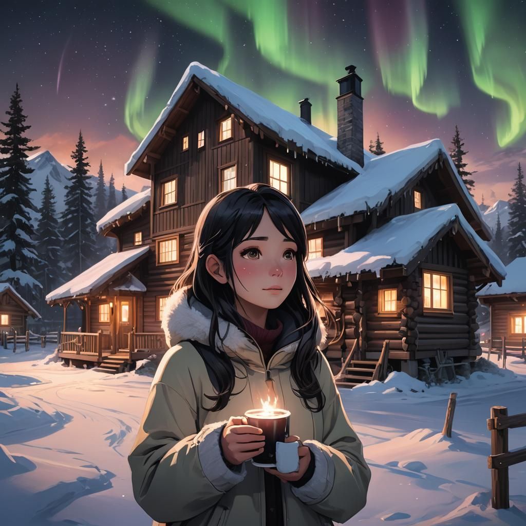 Anime Girl Gazing at Northern Lights