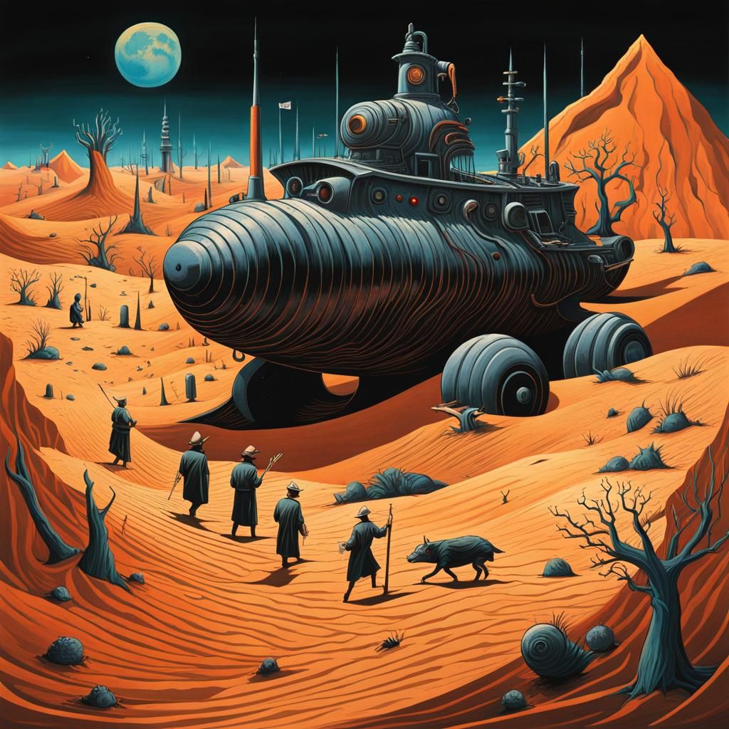 Surreal Bosch Desert Scene with Submarine