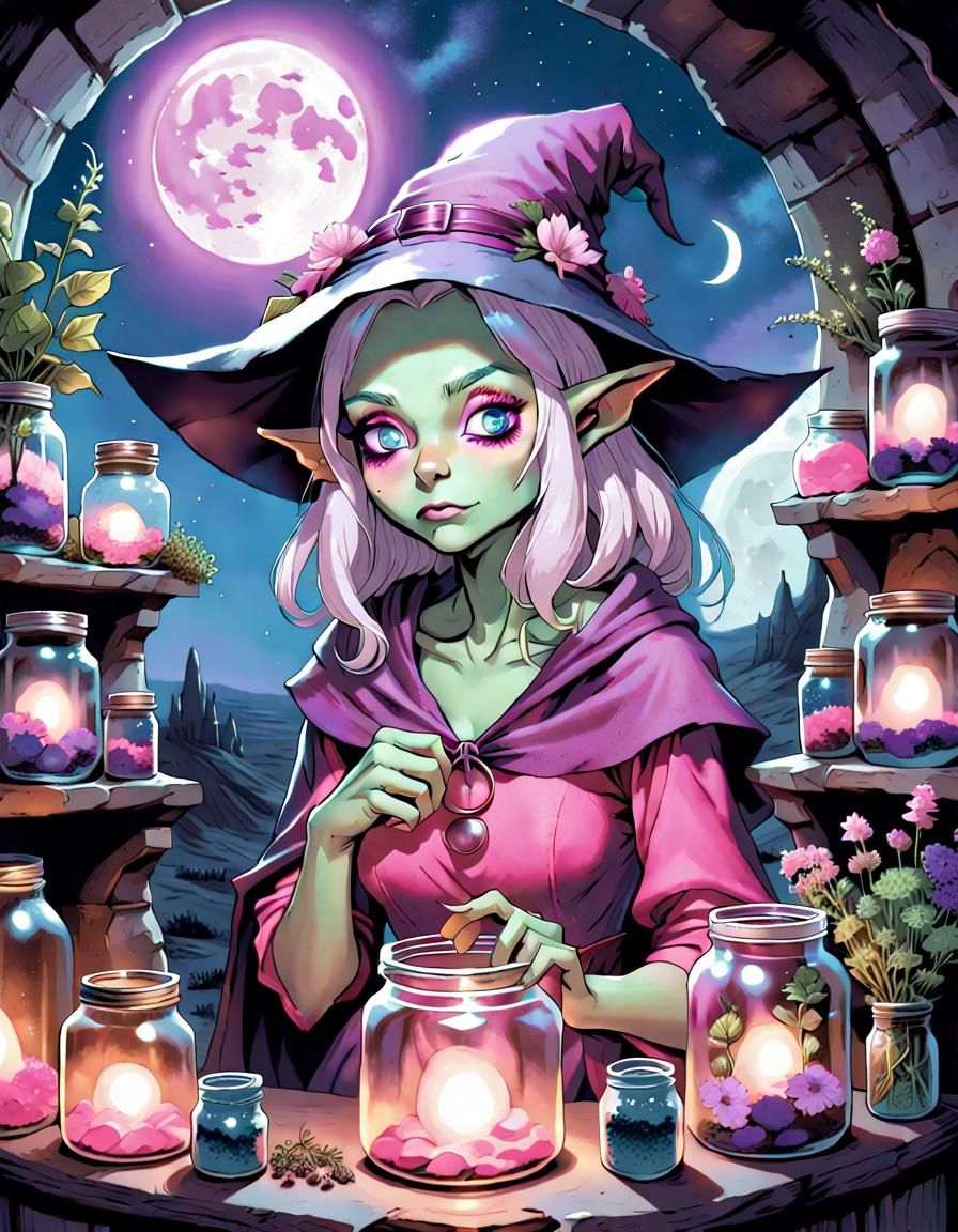 Cute Goblin Witch Portrait in Comic Book Style