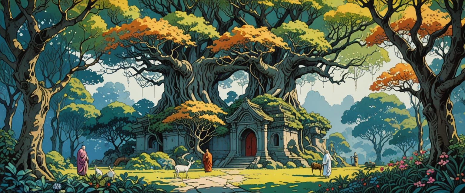 Watercolor Forest Temple with Monks and Deer