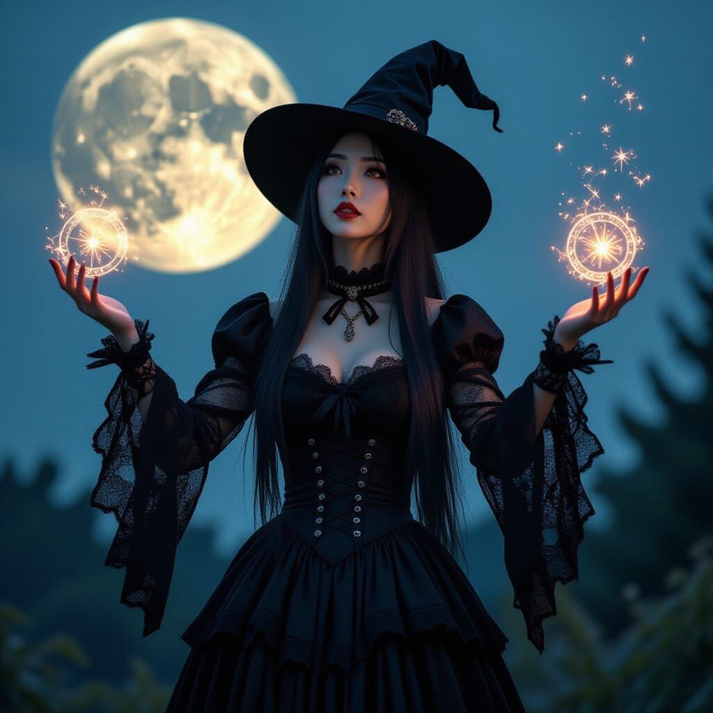 Gothic Witch Spellcasting Under Full Moon