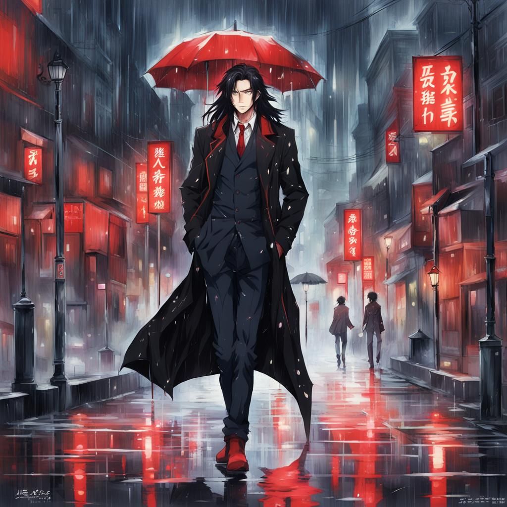 Anime Style Man Walks in the Rain