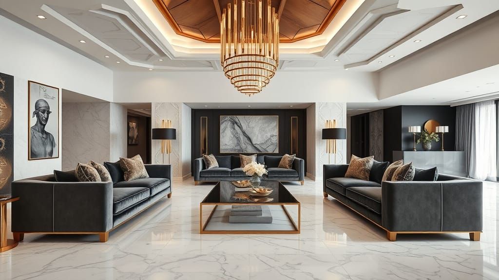 Luxurious Living Room with Geometric Lighting, Photorealisti...