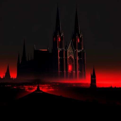 Gothic Cathedral City Under Blood Moon in Dark Fantasy Style