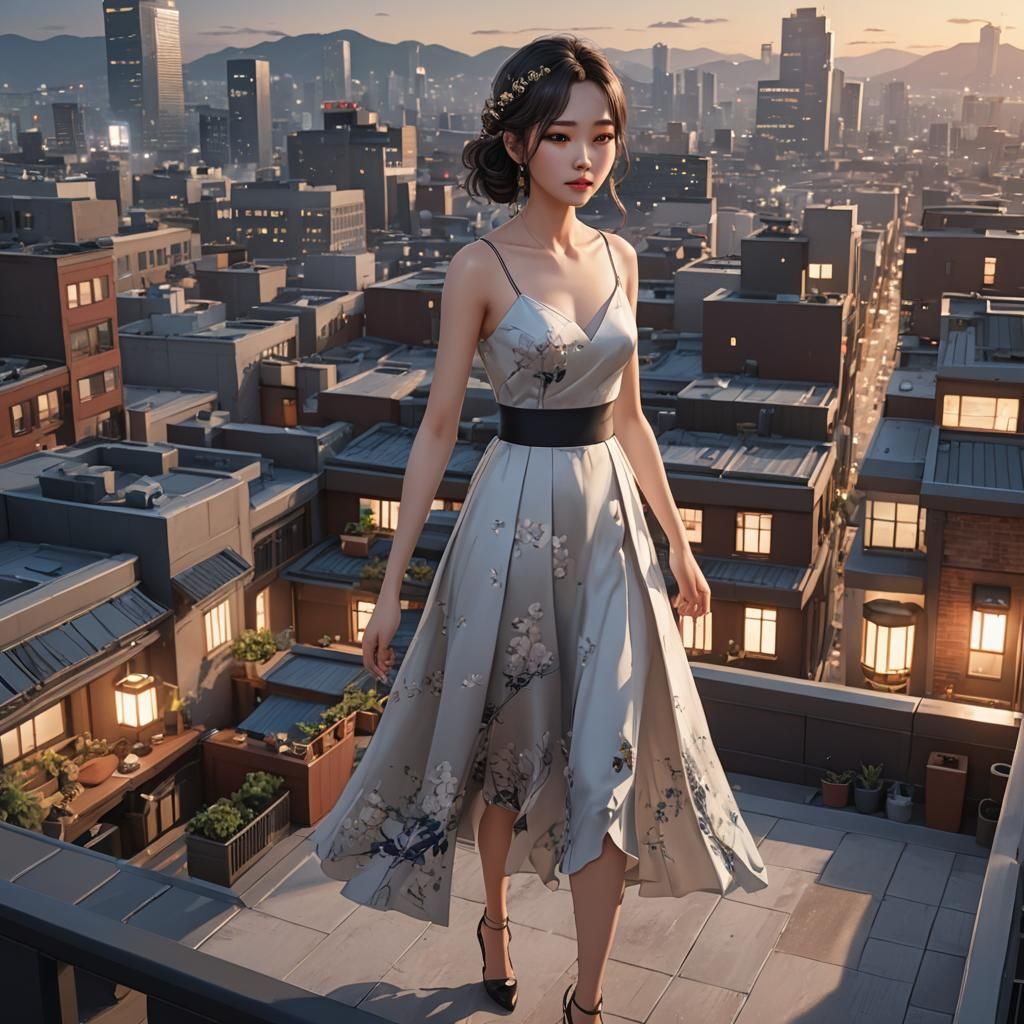 Korean Girl at Rooftop Party in 3D Anime Style