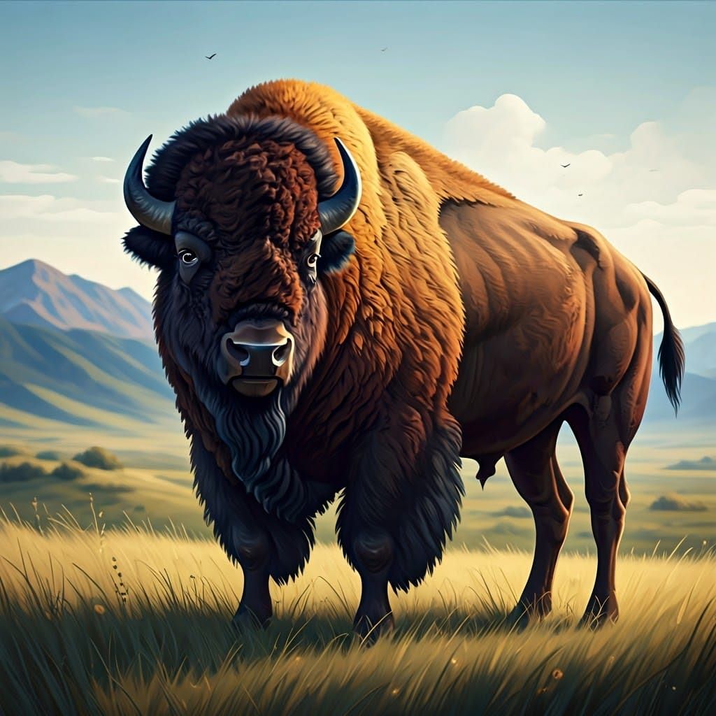 Bison in Prairie Paradise: Realistic Digital Illustration