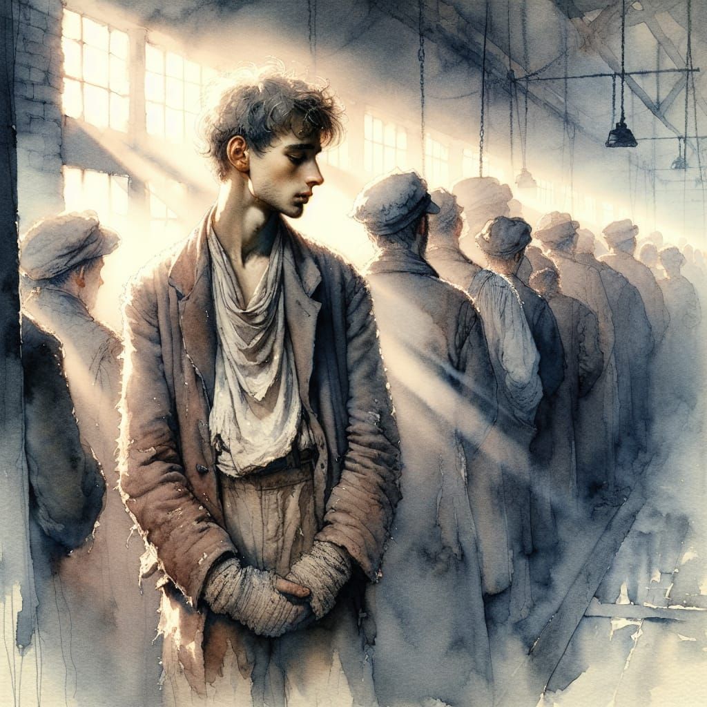 Man Waits for Work in Industrial Revolution Watercolor