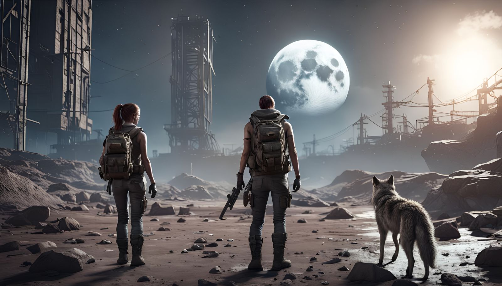 Post-Apocalyptic Couple with Wolves in 3D Cinematic Style