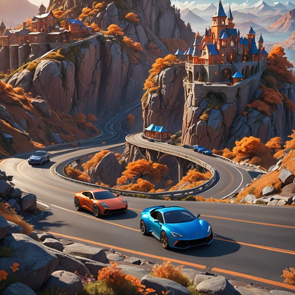 Mouse Driving Supercar on Mountain Road in Concept Art