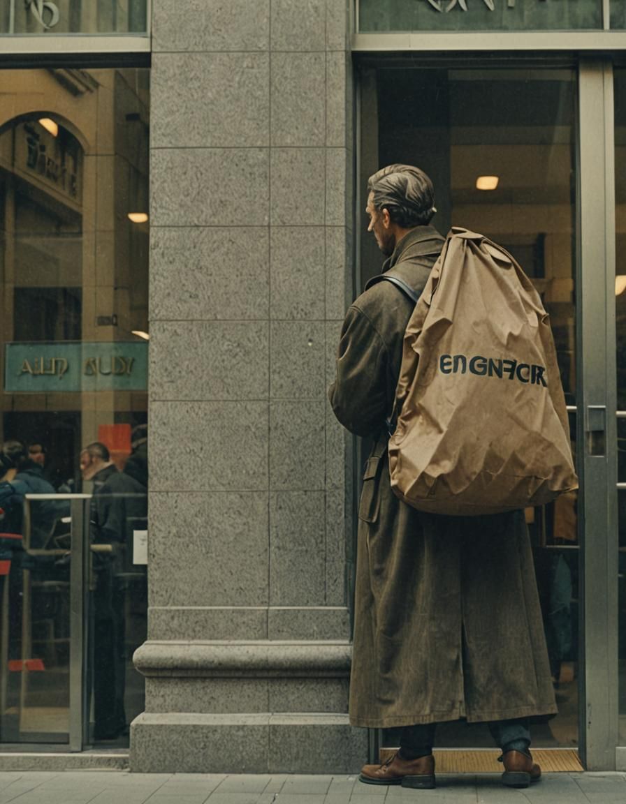 Figure Before Bank Window in Cinematic Style