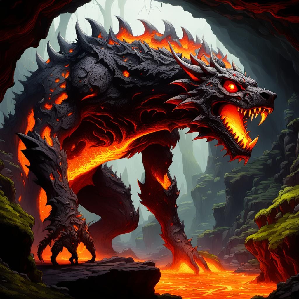 Lava Warg in Ancient Cavern with Cinematic Lighting